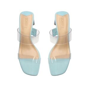 SCHUTZ Women's Aqua Heels with Clear Straps